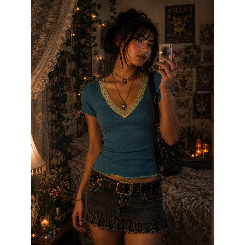 Daisy Fuentes Vintage Y2K Teal Ribbed Lace Trim Top Coquette Fairy Grunge Large